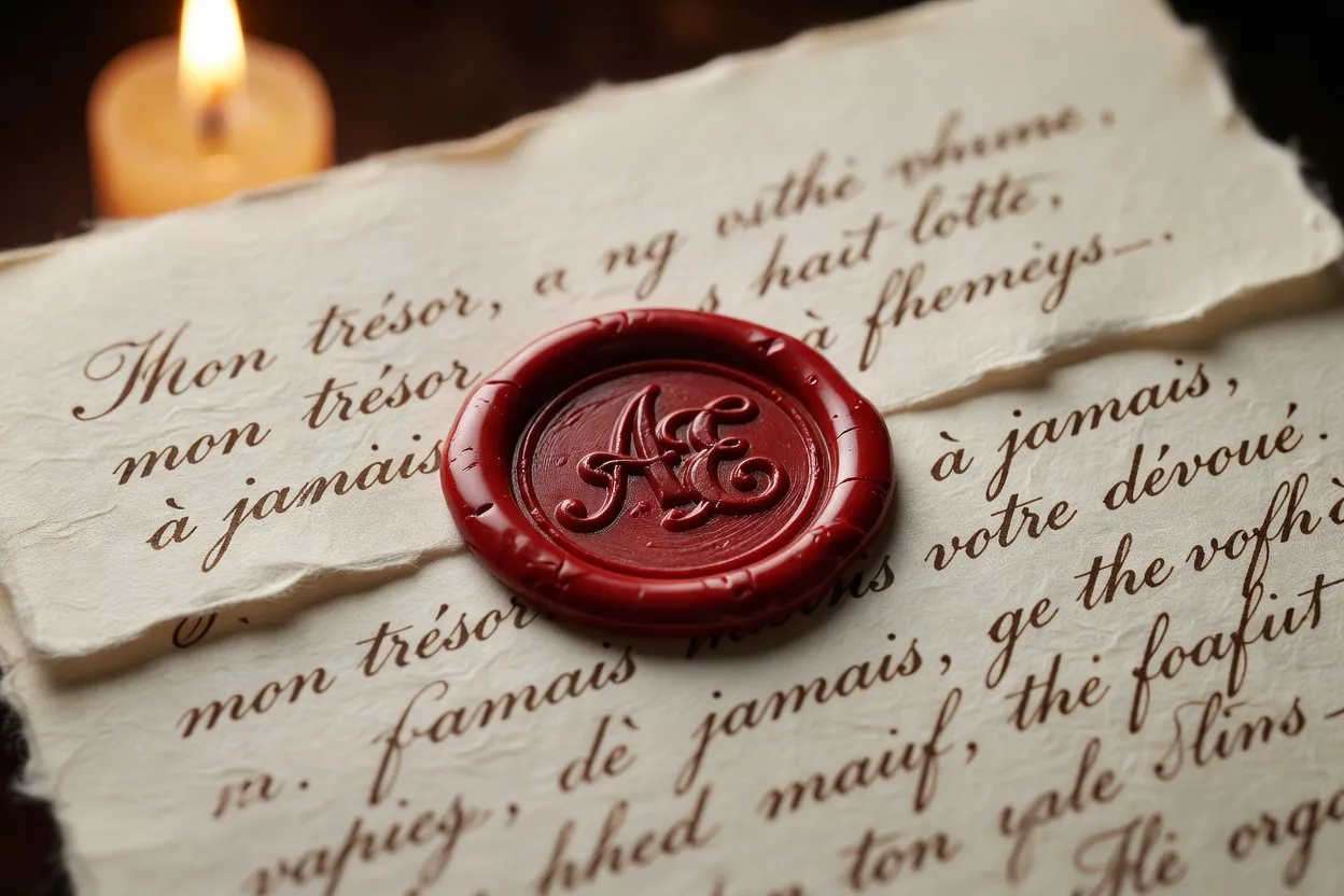 Sceau de cire rouge apposé sur une lettre manuscrite, papier ivoire, lumière de bougie dorée