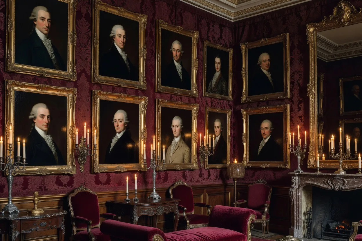 Galerie de portraits anciens dans un salon aristocratique français, cadres dorés, murs bordeaux profond