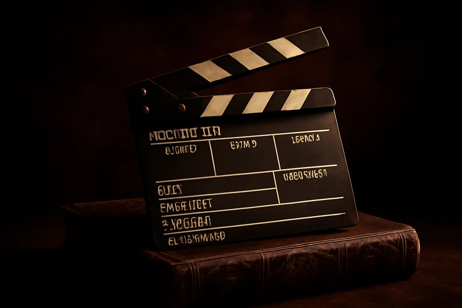 Clap de cinéma vintage posé sur un livre ancien relié cuir, ambiance dramatique bordeaux et or