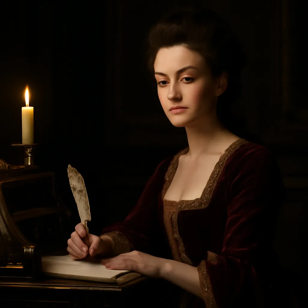 Femme en robe de cour XVIIIe siècle assise à un secrétaire, plume à la main, expression calculatrice