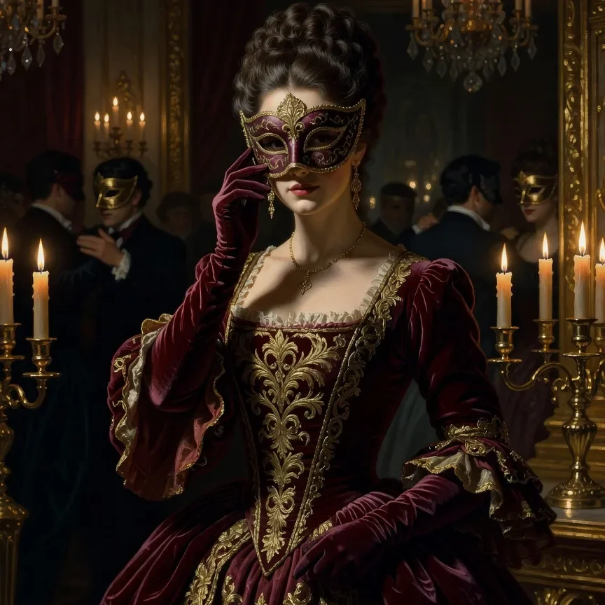 Portrait en clair-obscur d'une femme masquée lors d'un bal costumé, symbole de la double vie de Merteuil