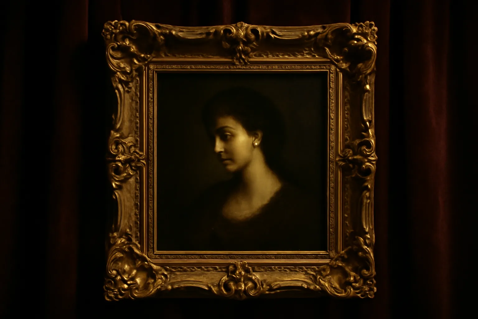 Cadre doré orné avec éclairage dramatique en clair-obscur, rideau de velours bordeaux, ambiance galerie de portraits classiques