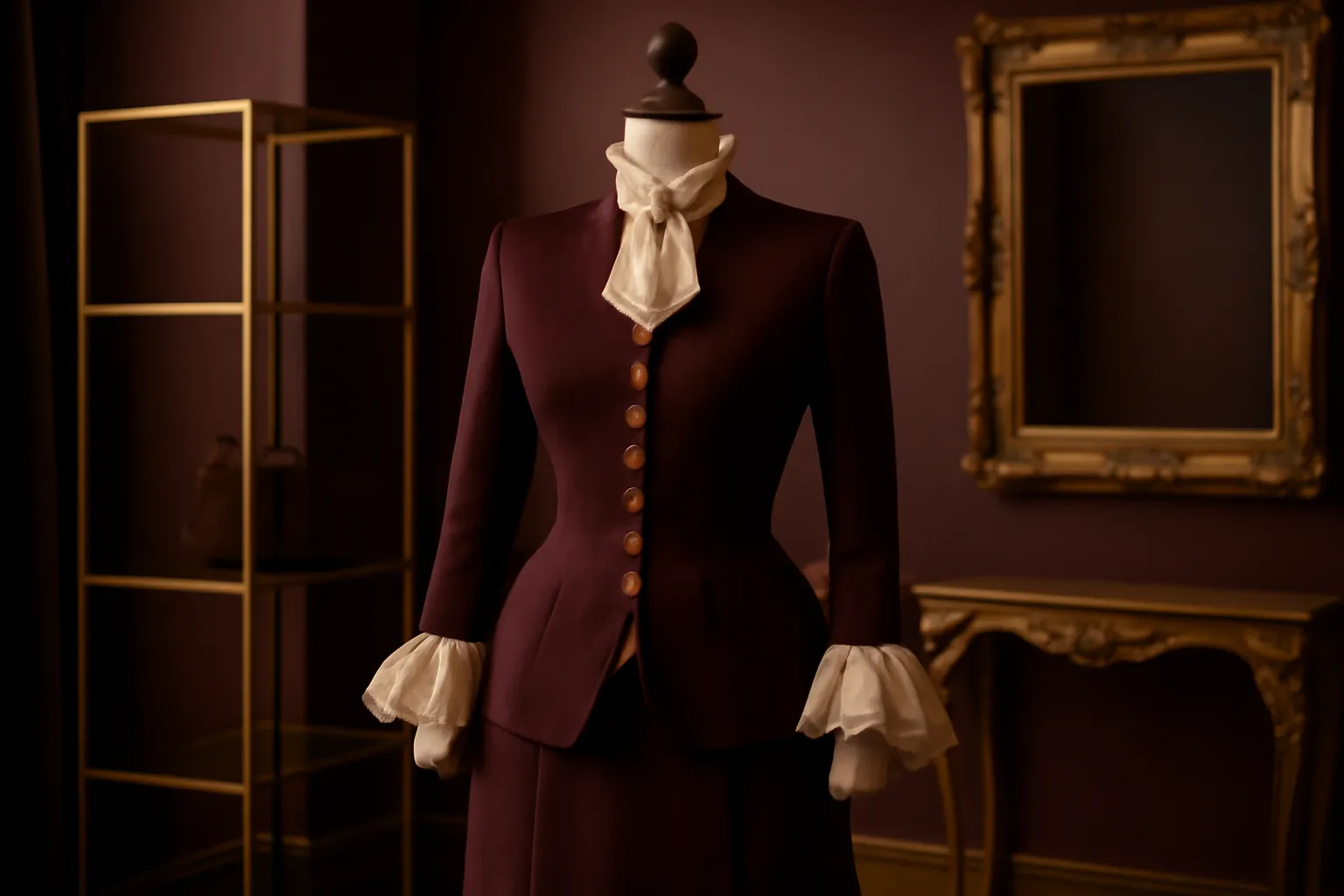 Tenue moderne élégante aux détails inspirés du XVIIIe siècle, présentée en boutique, intérieur bordeaux et or