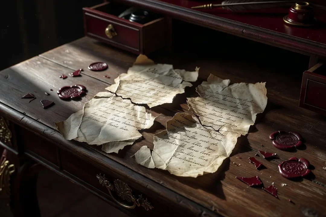Lettre déchirée posée sur une table en bois ancien, symbole de la rupture et de la trahison
