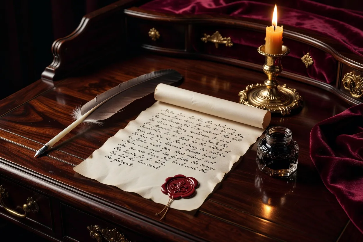 Plume et lettre ancienne évoquant la correspondance amoureuse du XVIIIe siècle
