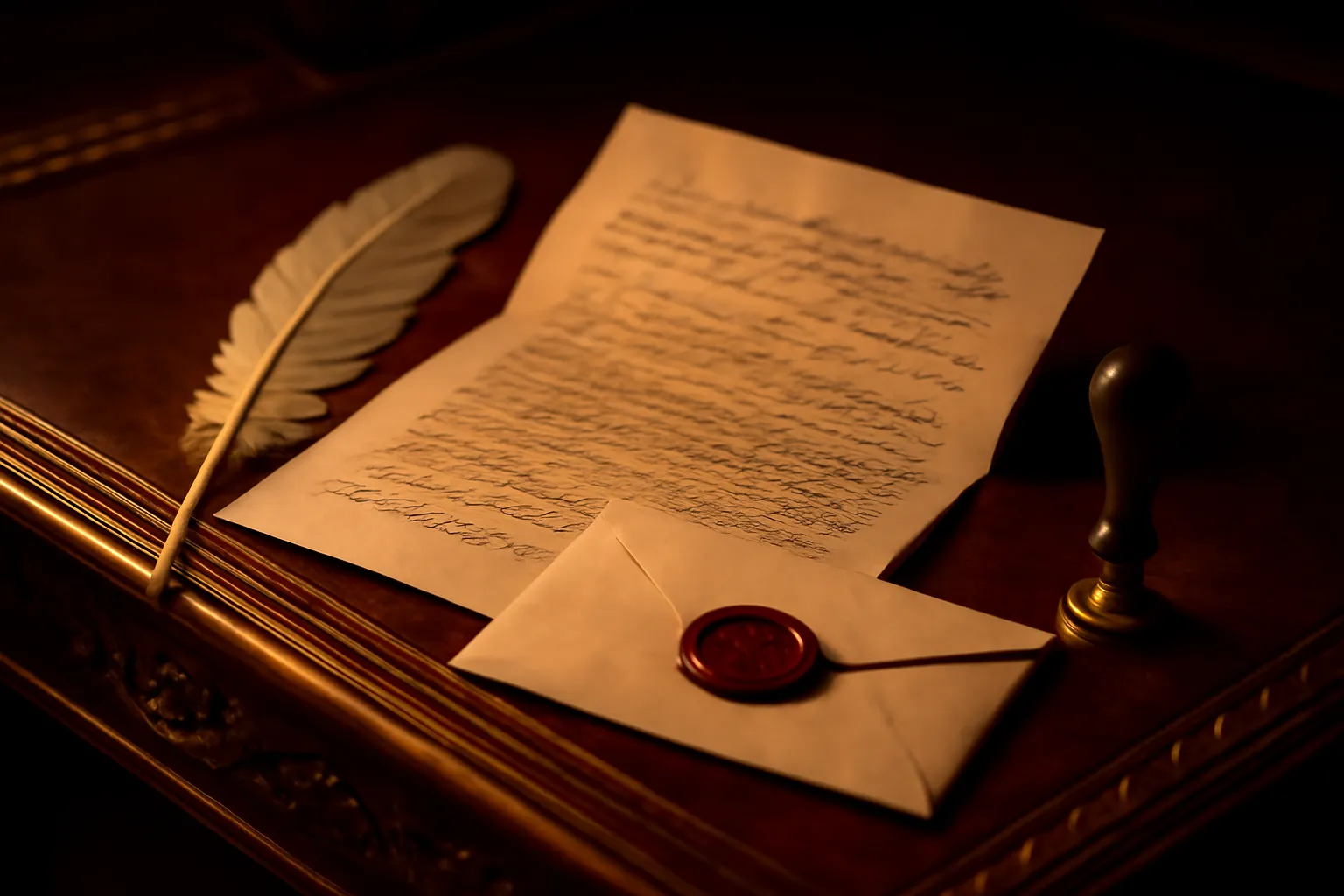 Lettre ancienne ouverte à l'écriture cursive élégante sur un secrétaire orné, sceau de cire et plume à proximité