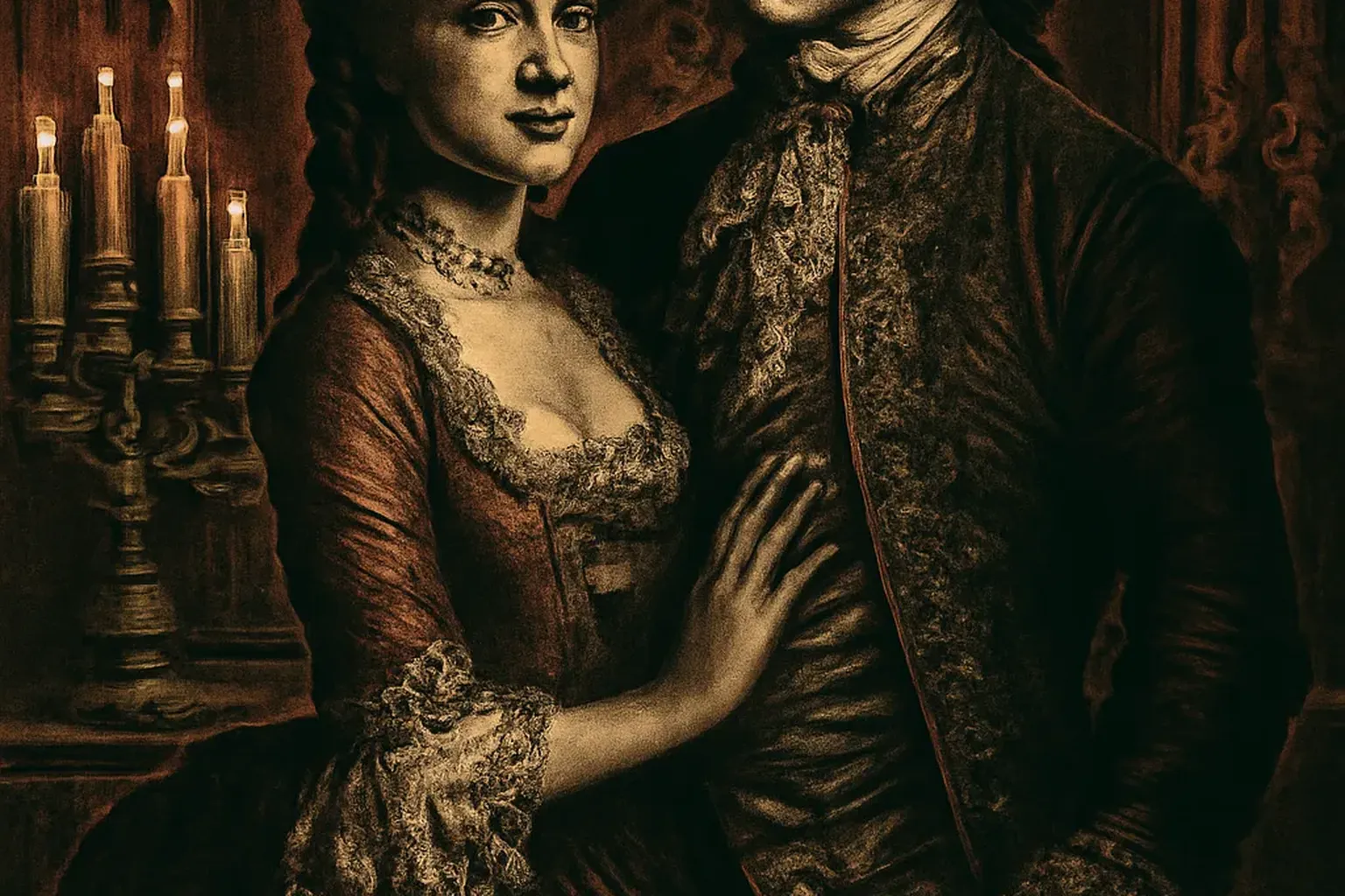 Scène de séduction élégante inspirée des Liaisons Dangereuses de Laclos