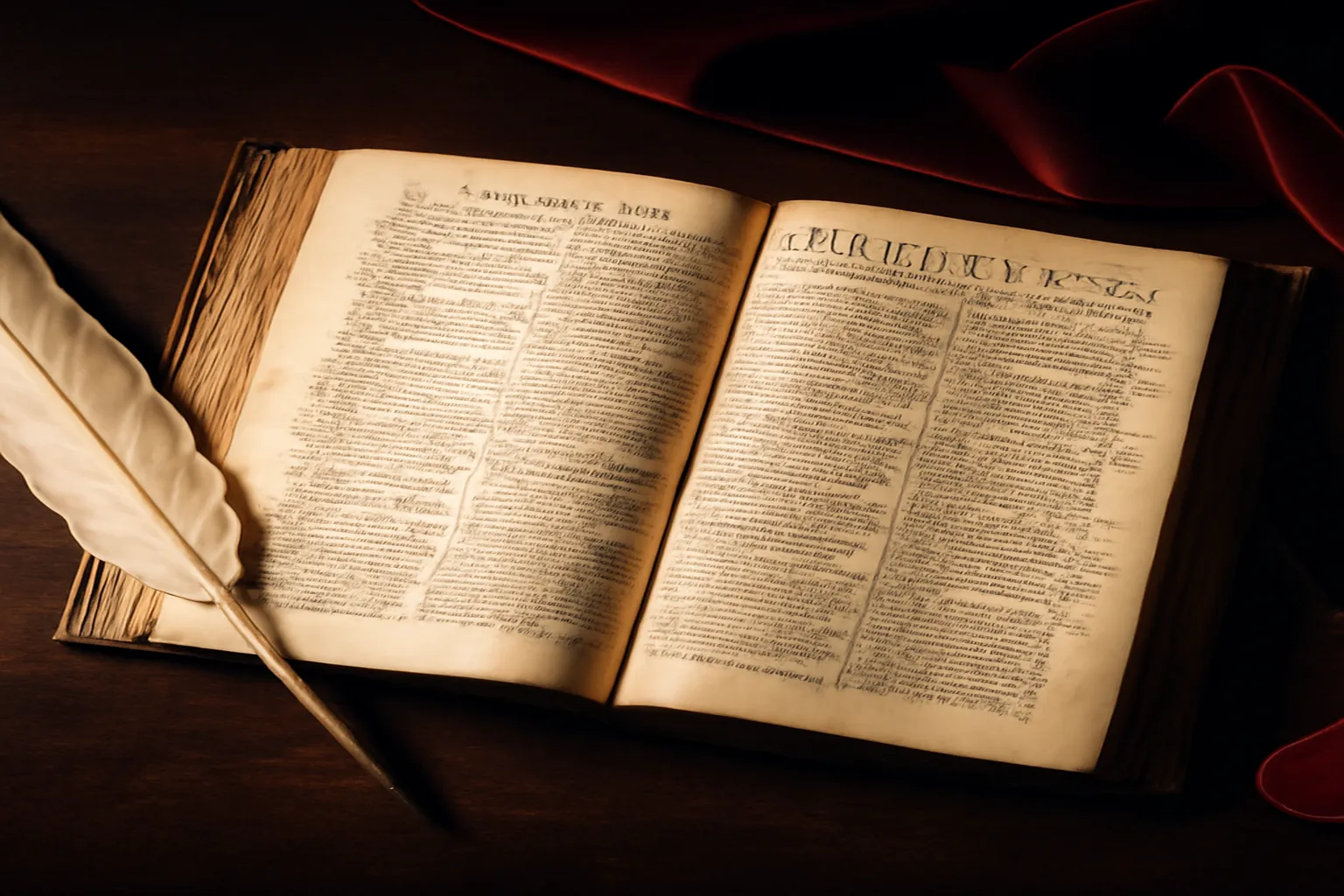 Dictionnaire ancien ouvert avec plume et encrier, évoquant le vocabulaire du libertinage du XVIIIe siècle