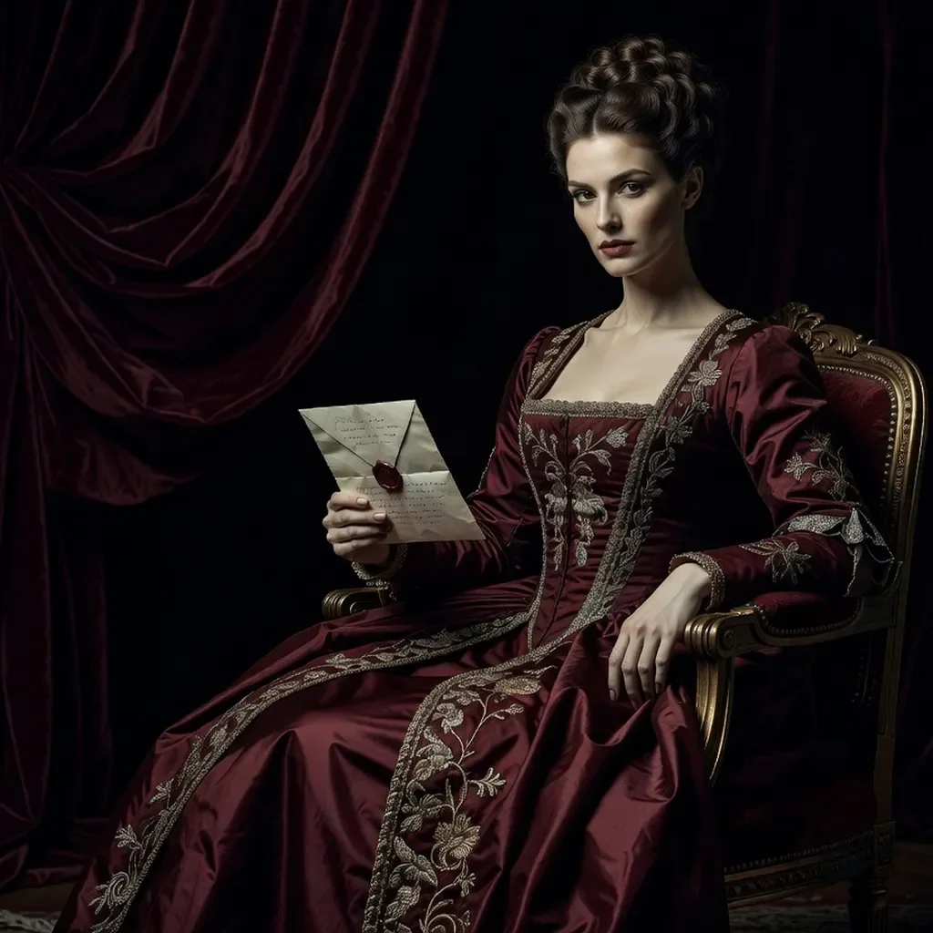 Portrait de femme en robe de cour XVIIIe siècle, regard perçant, évoquant la marquise de Merteuil