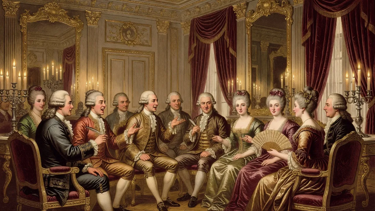 Gravure ancienne représentant un salon philosophique du siècle des Lumières, discussion animée