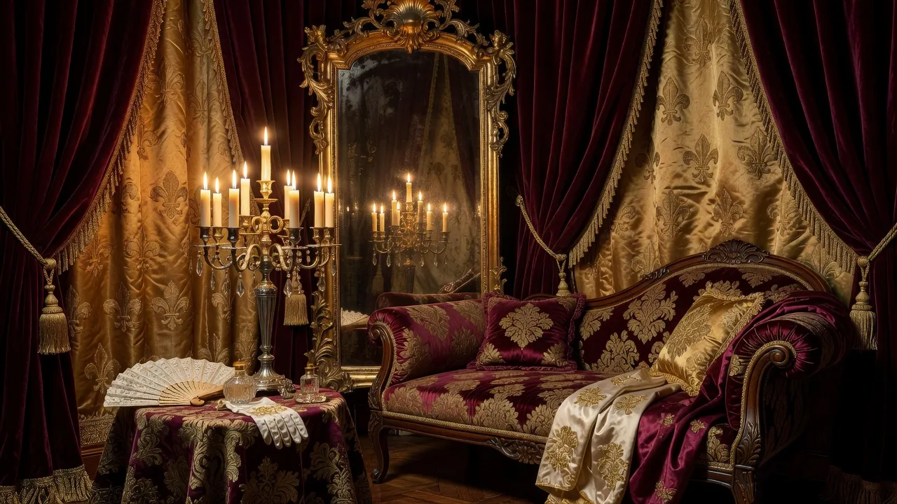 Boudoir XVIIIe siècle stylisé avec miroir ancien et chandelier, ambiance intime et théâtrale