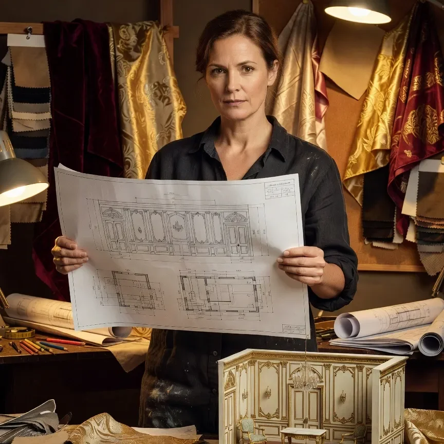Portrait de scénographe de théâtre dans les coulisses, plans de décor XVIIIe siècle à la main