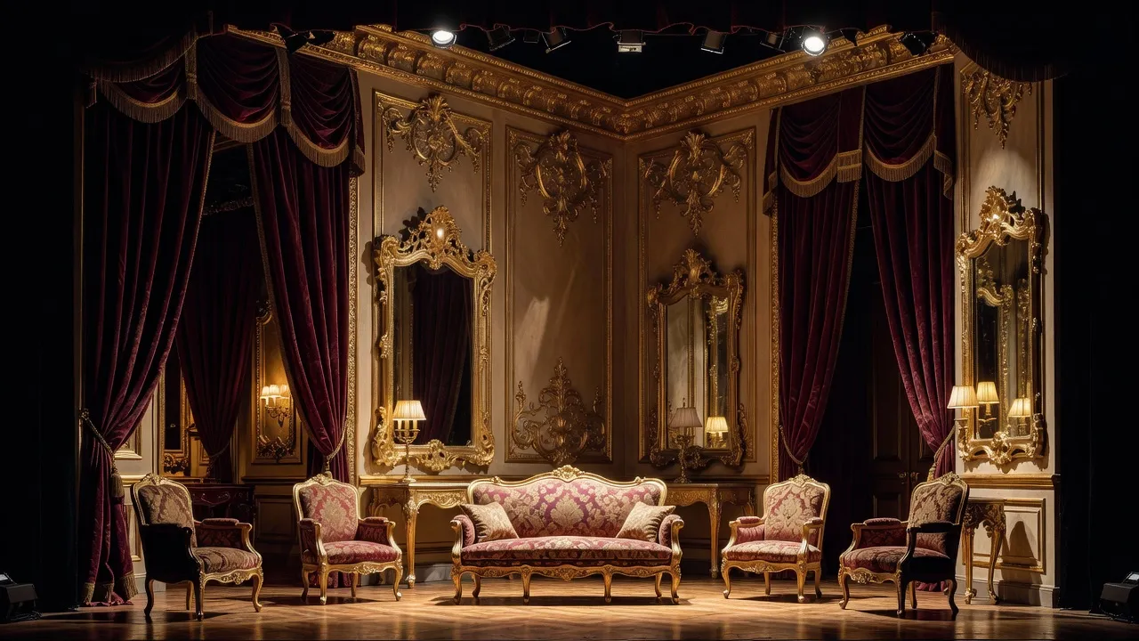 Décor de théâtre reconstituant un salon aristocratique XVIIIe siècle, dorés et velours bordeaux