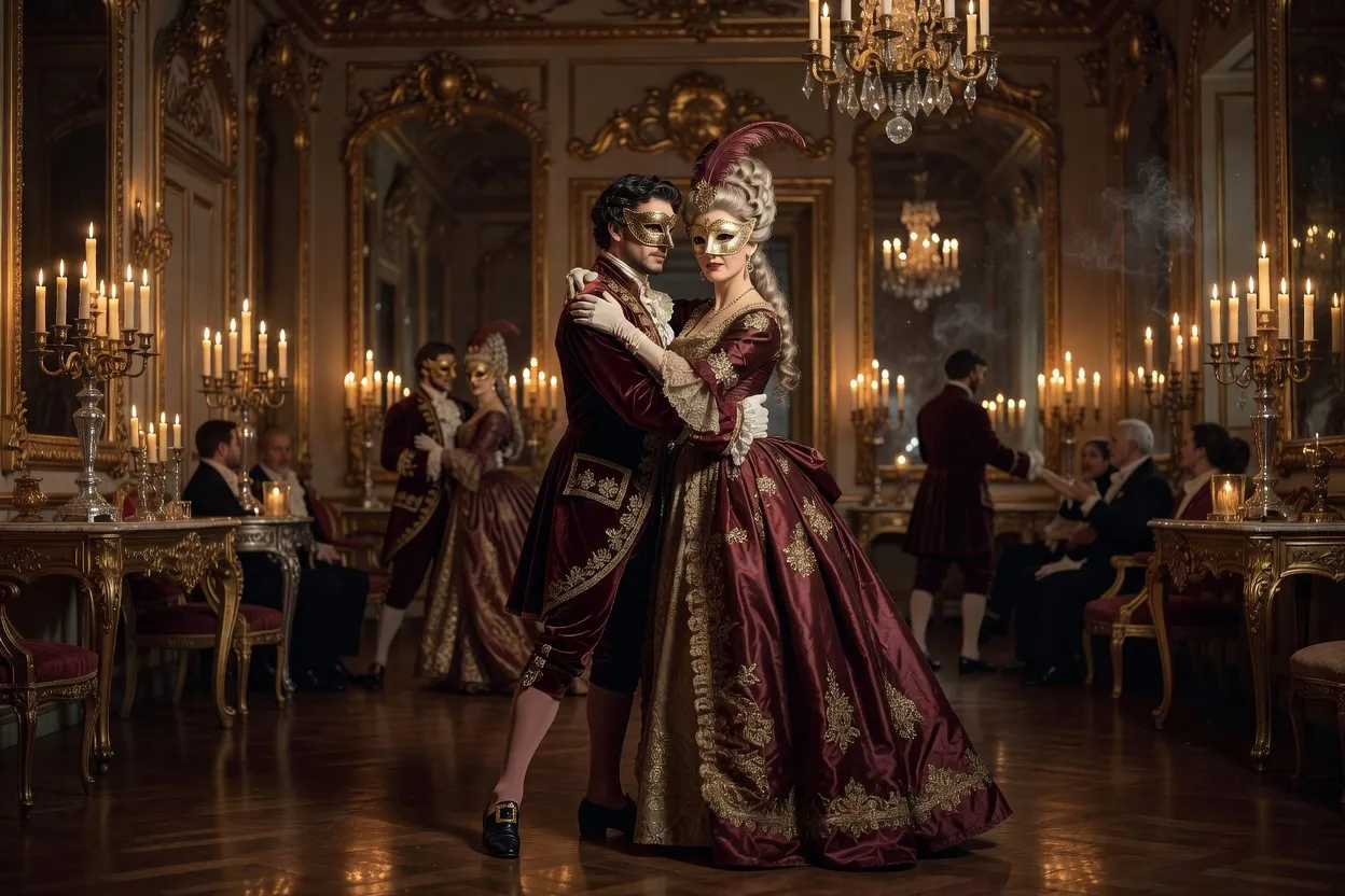 Bal masqué du XVIIIe siècle, couple en costumes d'époque bordeaux et doré dansant dans un salon éclairé aux chandelles